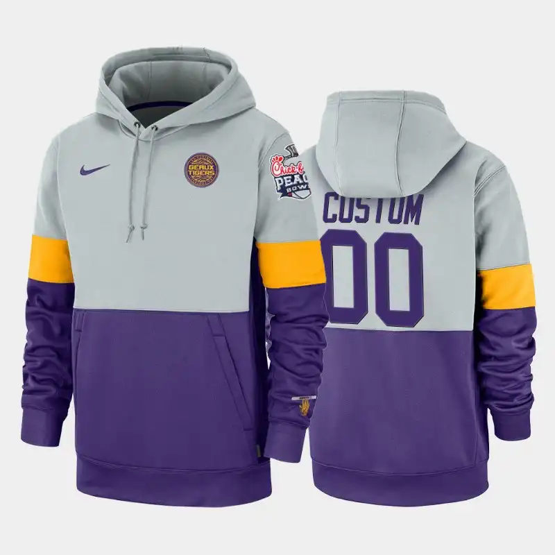 LSU Tigers #00 Custom Men's Gray Rivalry Therma Performance NCAA 2019-20 Purple Football Peach Bowl Champions Hoodie 2409LXYQ5