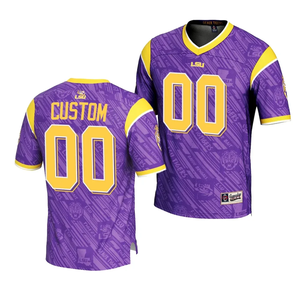 LSU Tigers #00 Custom Men's Highlight Print NCAA Fashion Purple Football Jersey 2409PLBB6