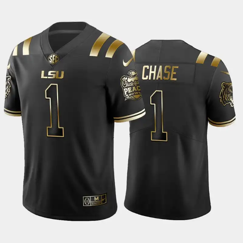 LSU Tigers #1 Ja'Marr Chase Men's Black Peach Bowl Champions NCAA Golden Edition 2019-20 Football Jersey 2409TJEX1