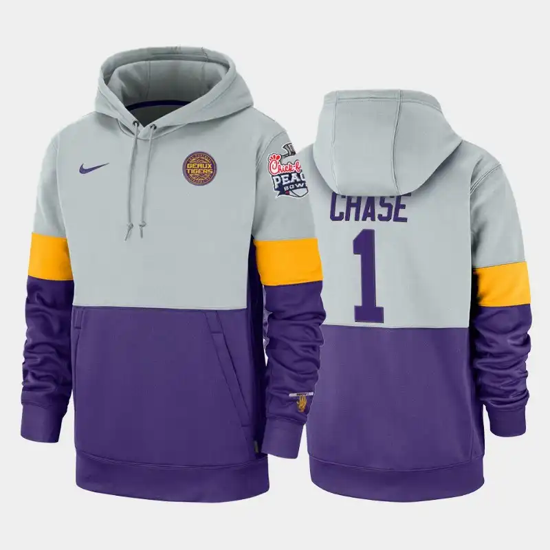 LSU Tigers #1 Ja'Marr Chase Men's Gray Rivalry Therma Performance NCAA 2019-20 Purple Football Peach Bowl Champions Hoodie 2409SVEW6