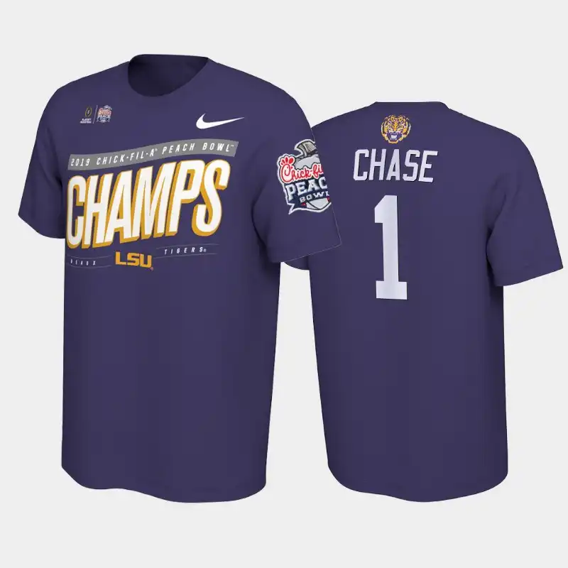 LSU Tigers #1 Ja'Marr Chase Men's Purple NCAA Peach Bowl Champions Playoff 2019 Football T-Shirt 2409BQYJ6