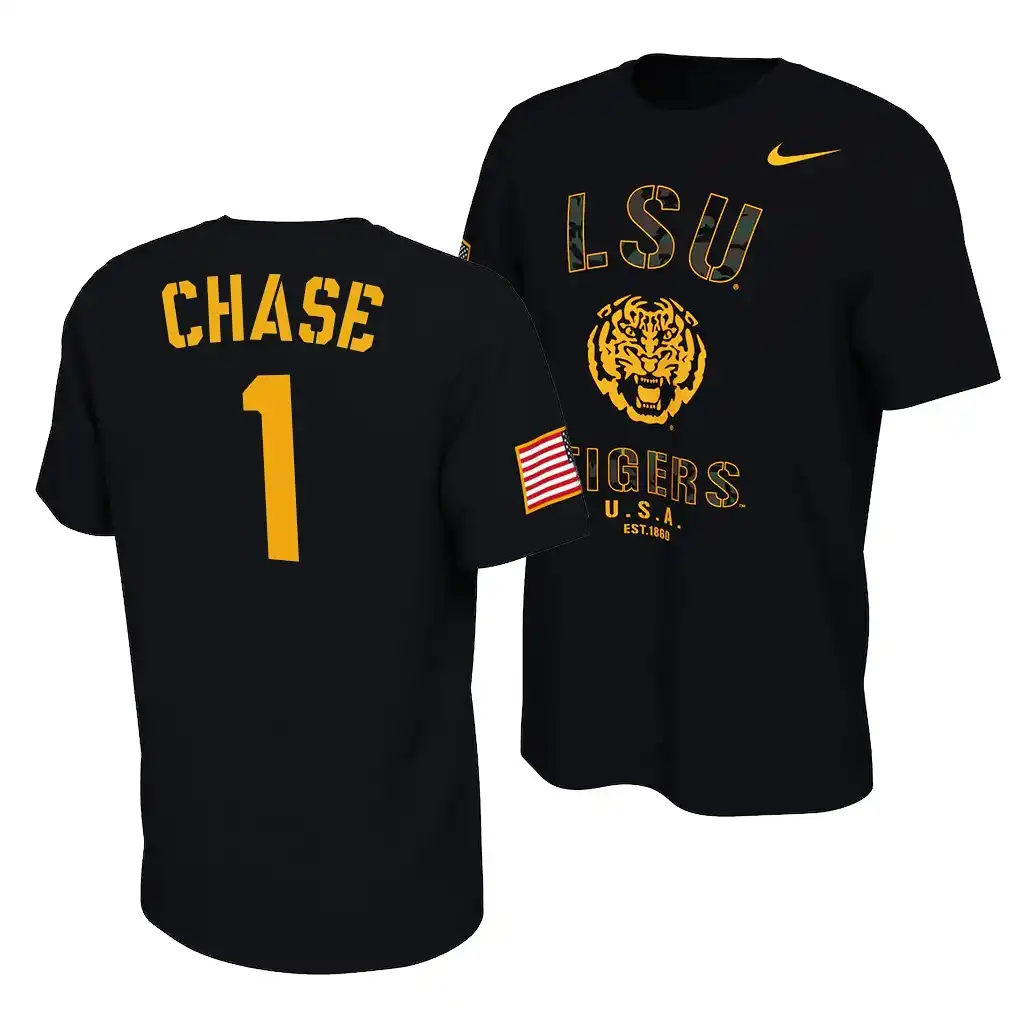 LSU Tigers #1 Ja'Marr Chase Men's Veterans Day NCAA Black 2021 America Flag Football T-Shirt 2409ZJCM7