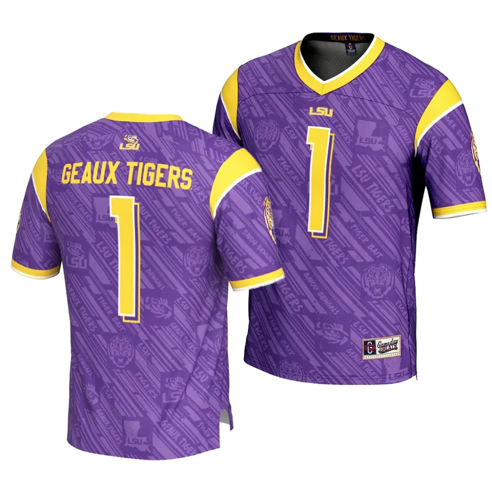 LSU Tigers #1 Number Men's Highlight Print NCAA Fashion Purple Football Jersey 2409CJDN6