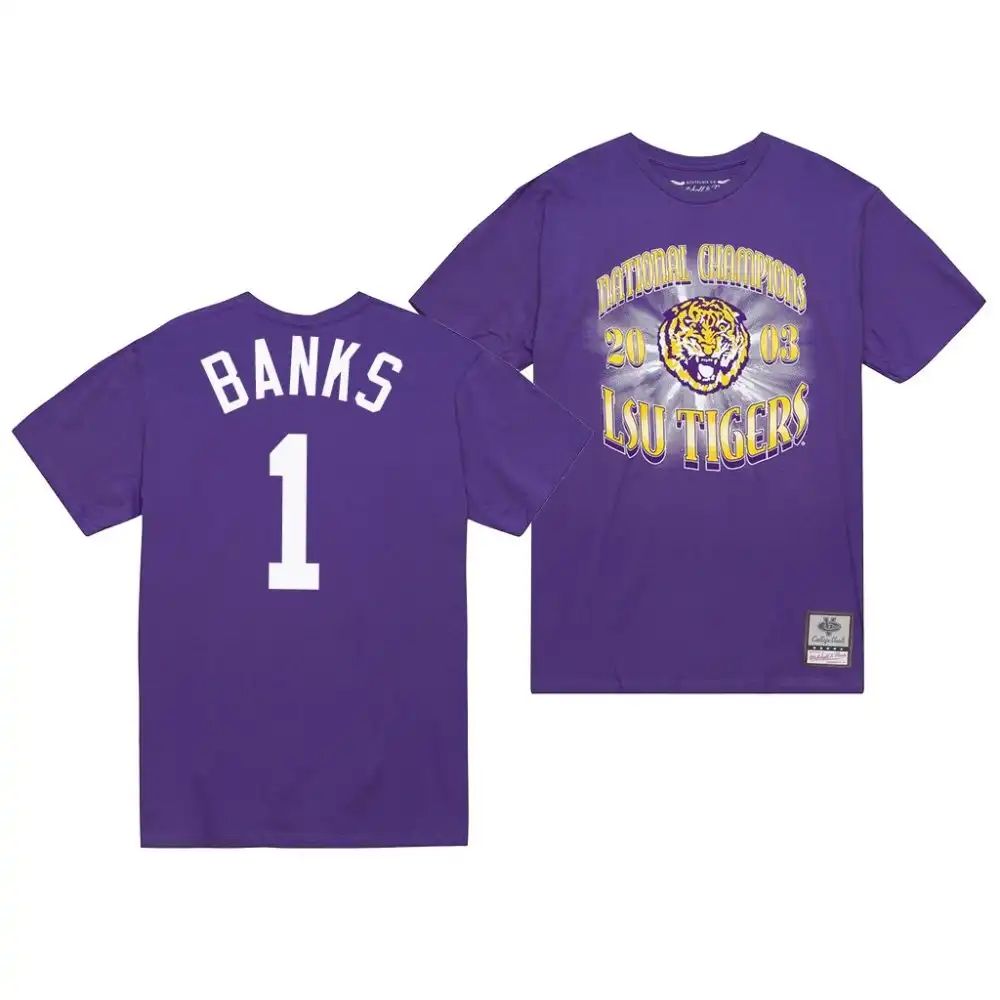 LSU Tigers #1 Sevyn Banks Men's Big Shine Champs NCAA 2003 Purple Football T-Shirt 2409AWRF7