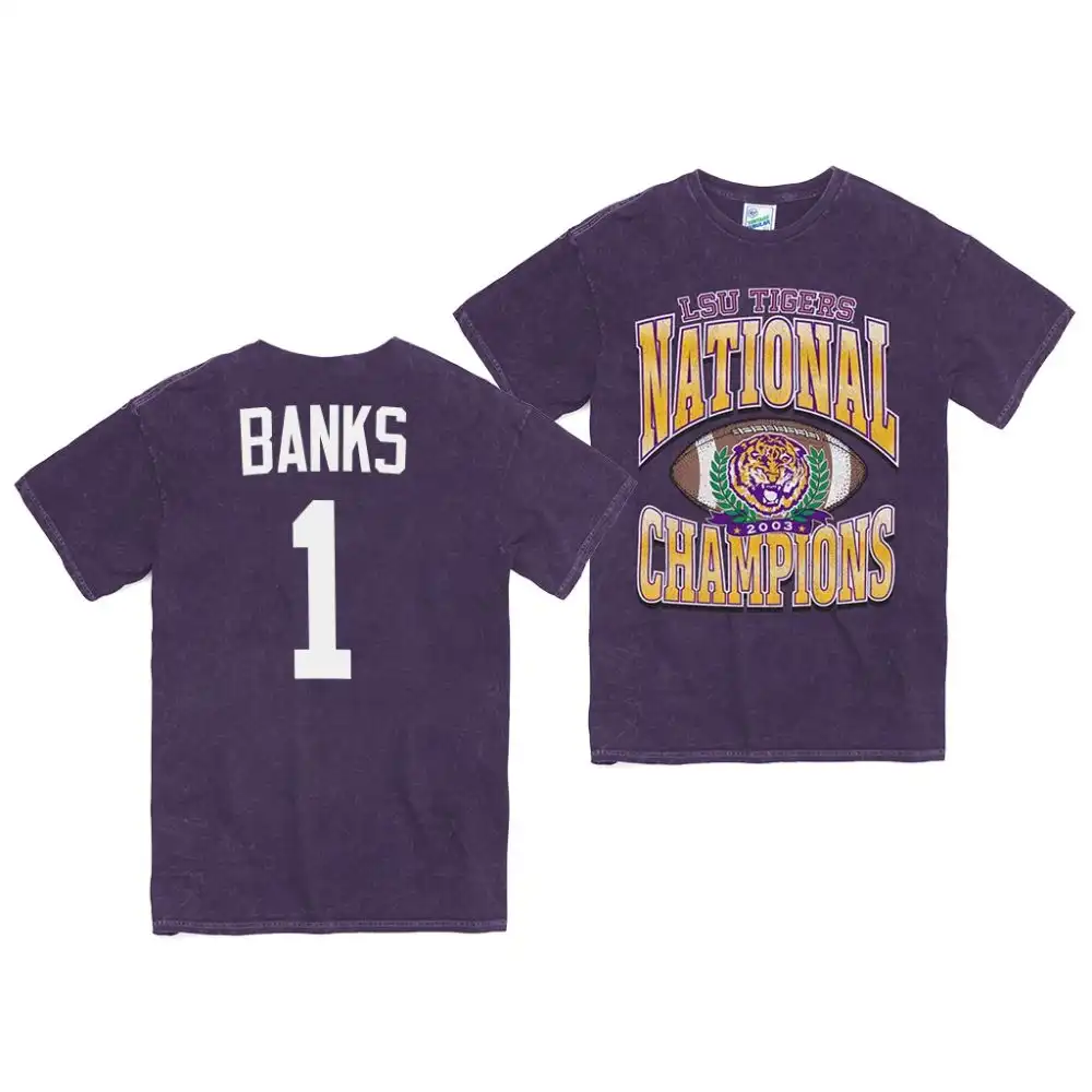 LSU Tigers #1 Sevyn Banks Men's Purple NCAA Rocker Vintage Tubular 2003 National Champs Football T-Shirt 2409RWXG1