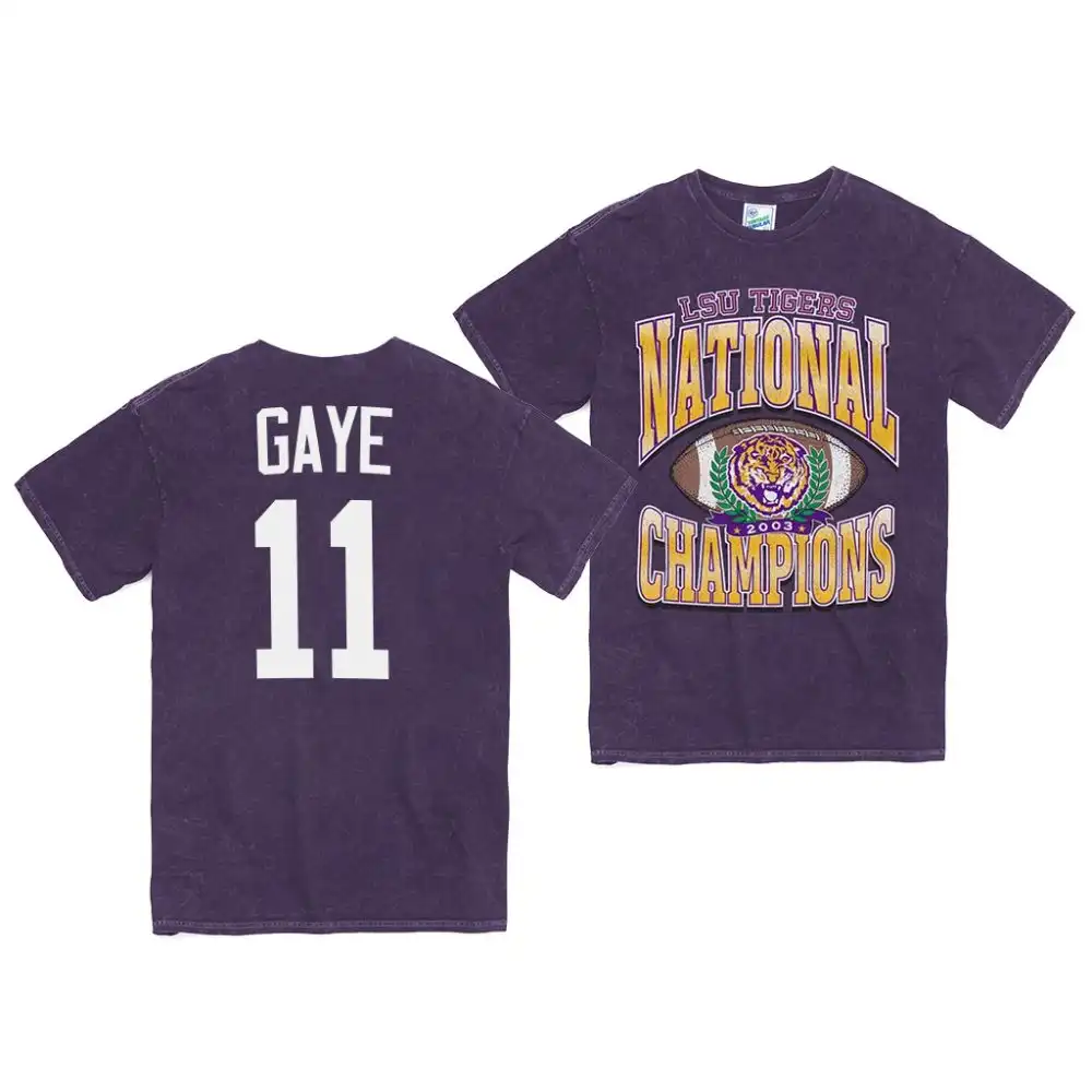 LSU Tigers #11 Ali Gaye Men's Purple NCAA Rocker Vintage Tubular 2003 National Champs Football T-Shirt 2409TJUY3