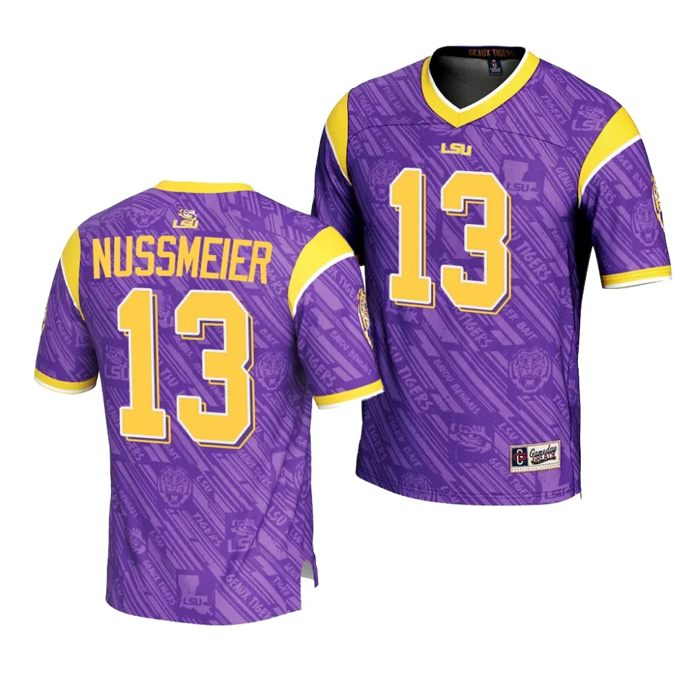 LSU Tigers #13 Garrett Nussmeier Men's Highlight Print NCAA Fashion Purple Football Jersey 2409JMQH3