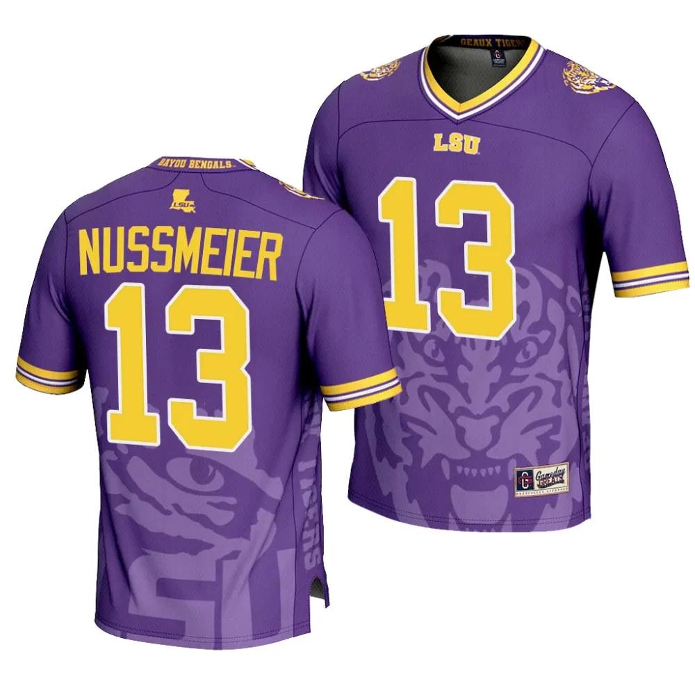 LSU Tigers #13 Garrett Nussmeier Men's Icon Print NCAA Fashion Purple Football Jersey 2409WMYE0