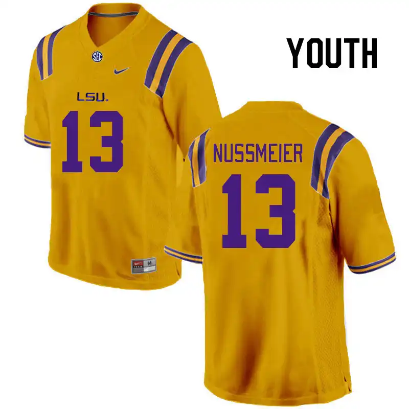 LSU Tigers #13 Garrett Nussmeier Youth Gold NCAA Football Jersey 2409DQUU2