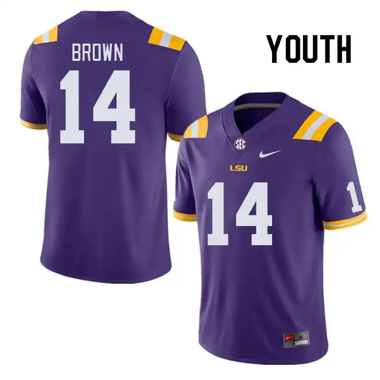 LSU Tigers #14 Jalen Brown Youth Purple NCAA Football Jersey 2409RLCU2