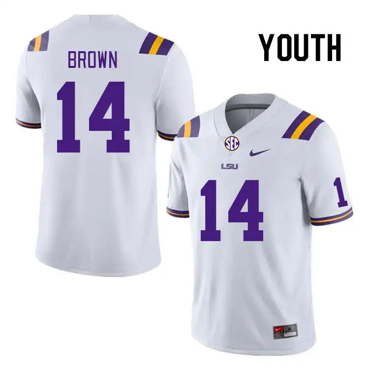 LSU Tigers #14 Jalen Brown Youth White NCAA Football Jersey 2409YTBS6