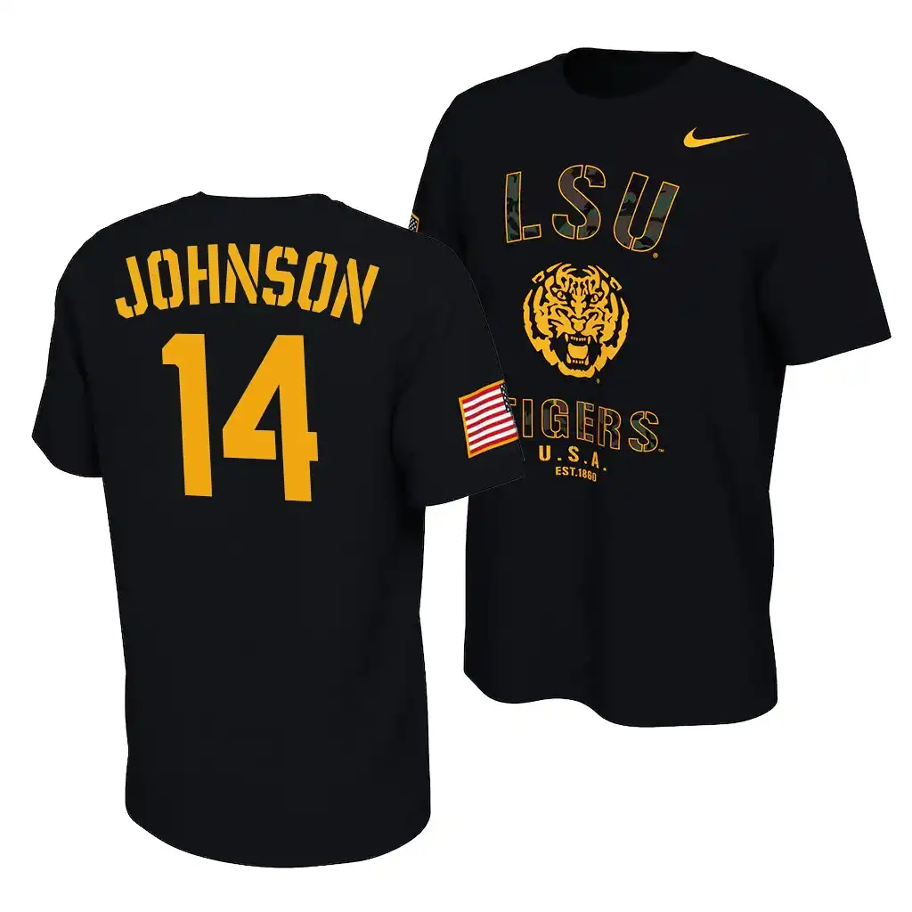 LSU Tigers #14 Max Johnson Men's Veterans Day NCAA Black 2021 America Flag Football T-Shirt 2409QJRN0