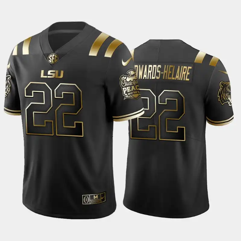 LSU Tigers #22 Clyde Edwards-Helaire Men's Black Peach Bowl Champions NCAA Golden Edition 2019-20 Football Jersey 2409YXGJ4