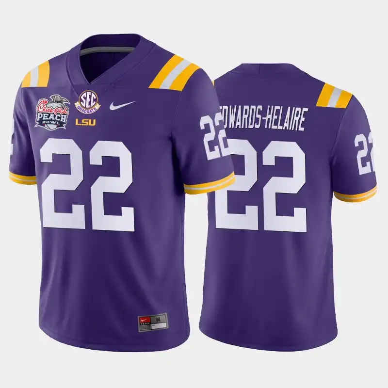 LSU Tigers #22 Clyde Edwards-Helaire Men's Purple Peach Bowl Champions NCAA Away 2019-20 Football Jersey 2409CZQN4