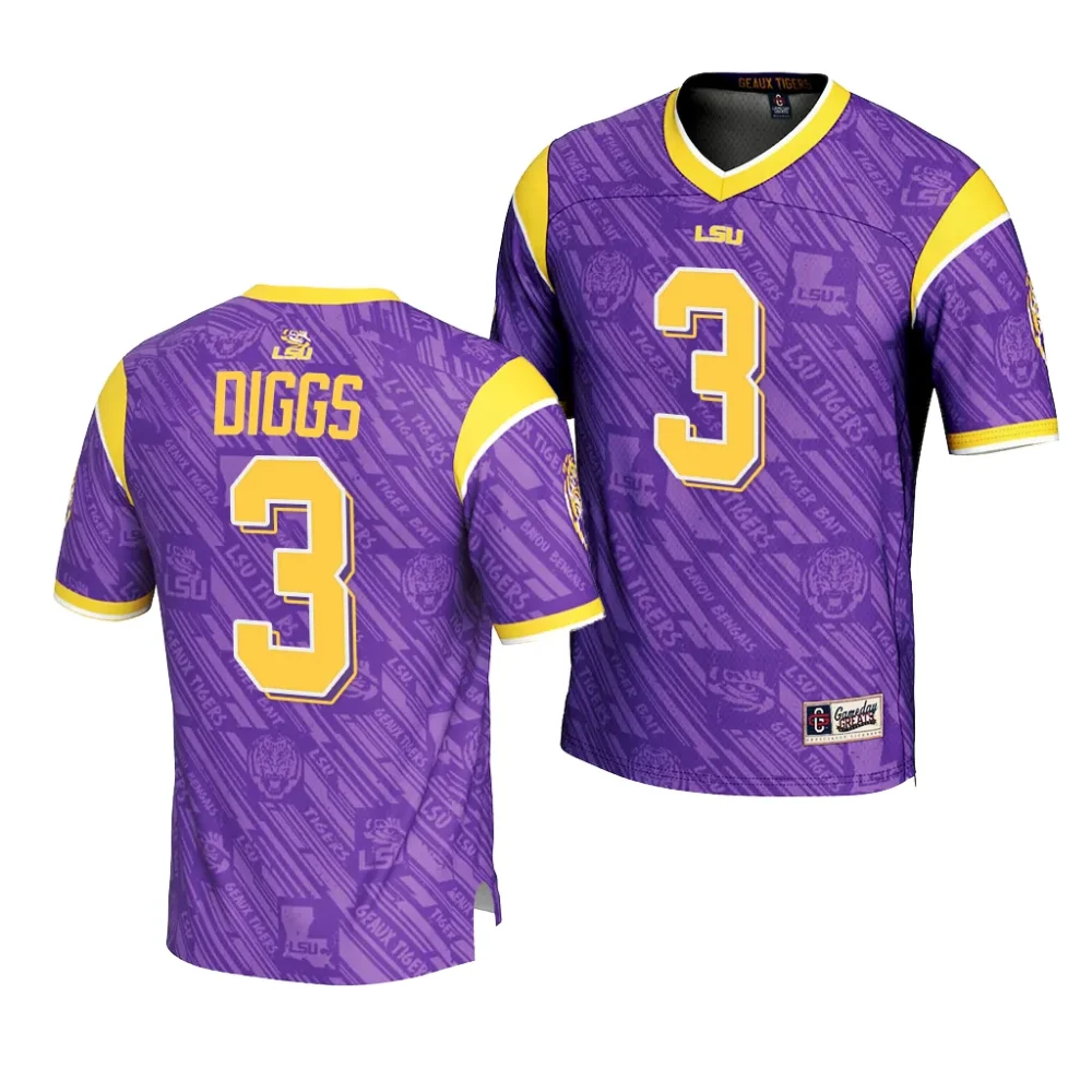 LSU Tigers #3 Logan Diggs Men's Highlight Print NCAA Fashion Purple Football Jersey 2409XDNL6