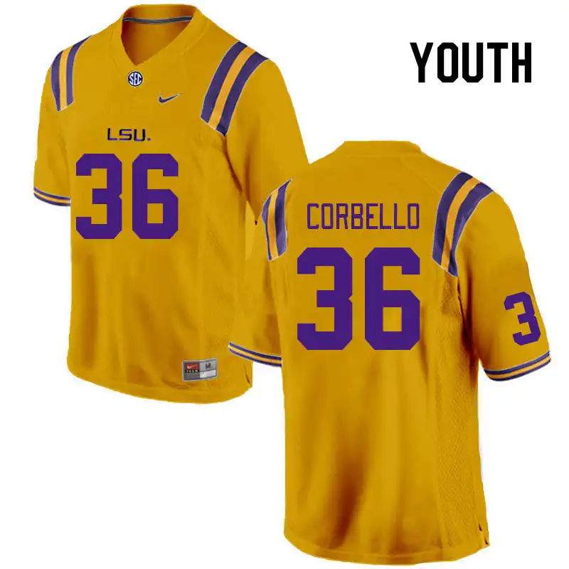 LSU Tigers #36 Aidan Corbello Youth Gold NCAA Football Jersey 2409NZBX2