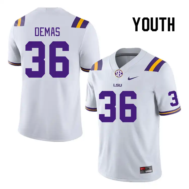 LSU Tigers #36 Nick Demas Youth White NCAA Football Jersey 2409MBQB6