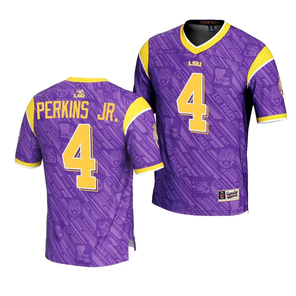 LSU Tigers #4 Harold Perkins Jr. Men's Highlight Print NCAA Fashion Purple Football Jersey 2409LLGV6