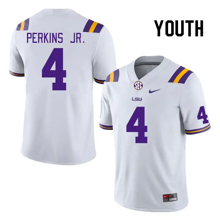 LSU Tigers #4 Harold Perkins Jr. Youth White NCAA Football Jersey 2409TJXG8