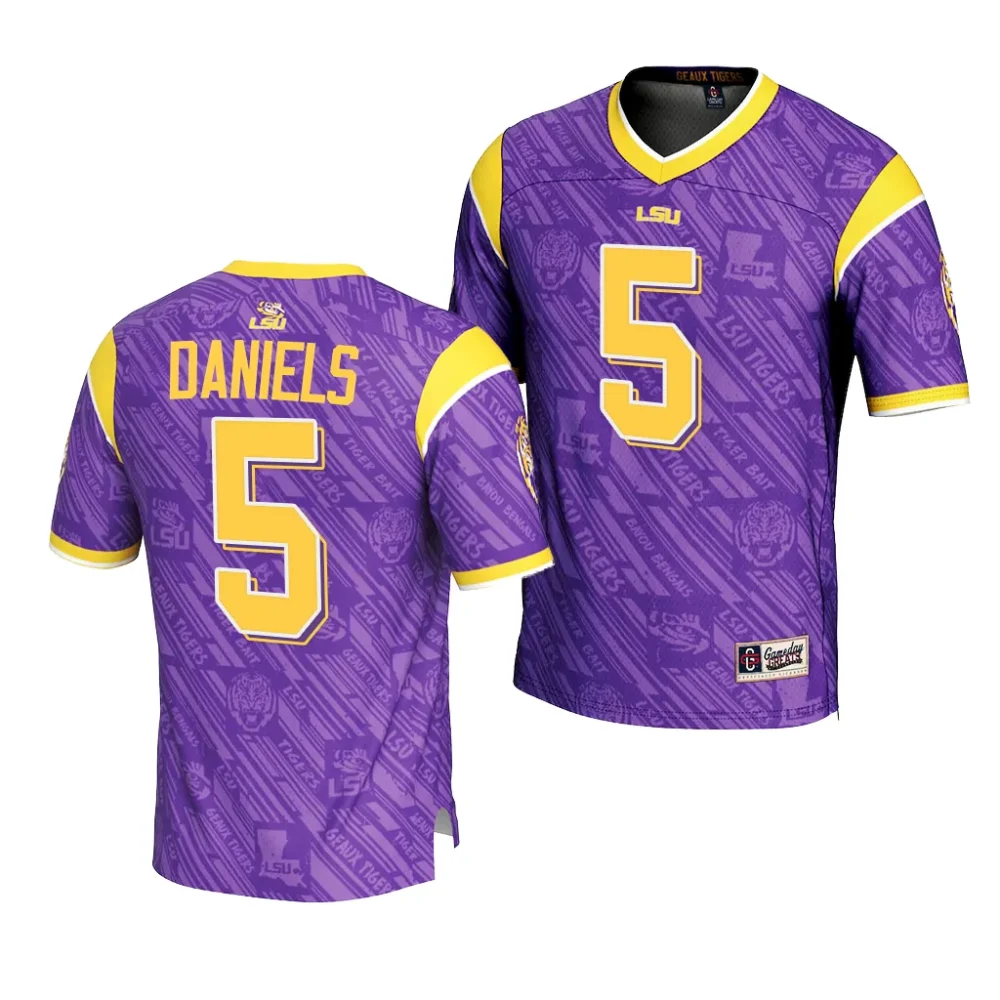 LSU Tigers #5 Jayden Daniels Men's Highlight Print NCAA Fashion Purple Football Jersey 2409MVOT7