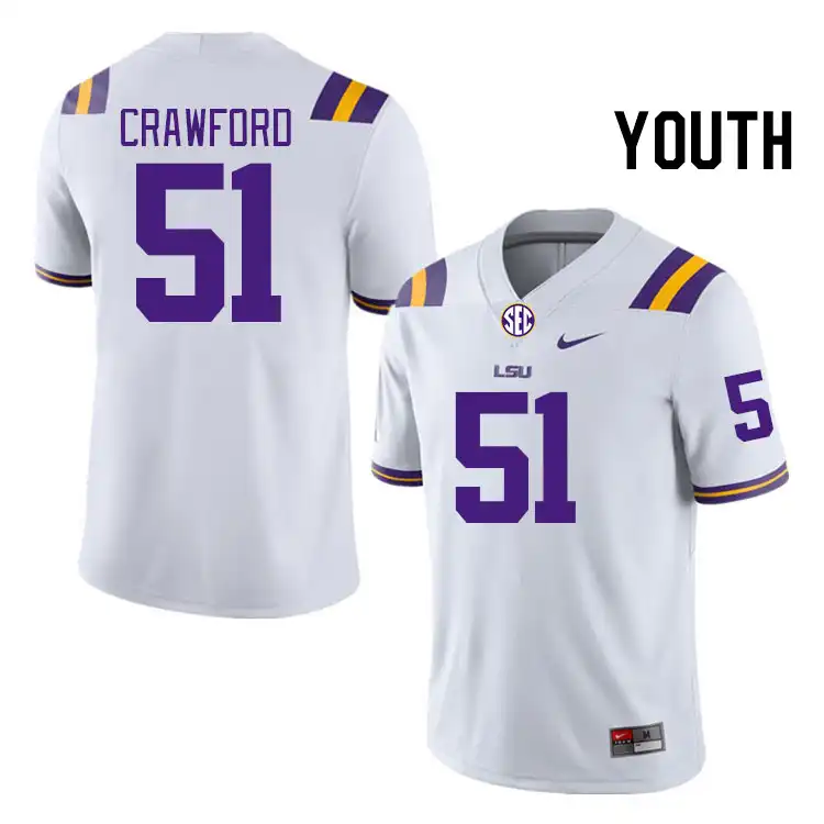 LSU Tigers #51 Thomas Crawford Youth White NCAA Football Jersey 2409XXHR6