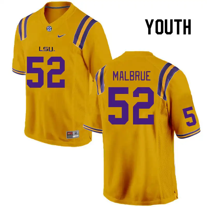 LSU Tigers #52 Princeton Malbrue Youth Gold NCAA Football Jersey 2409VEQJ3