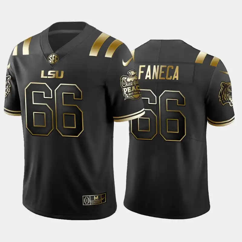 LSU Tigers #66 Alan Faneca Men's Black Peach Bowl Champions NCAA Golden Edition 2019-20 Football Jersey 2409WICP3