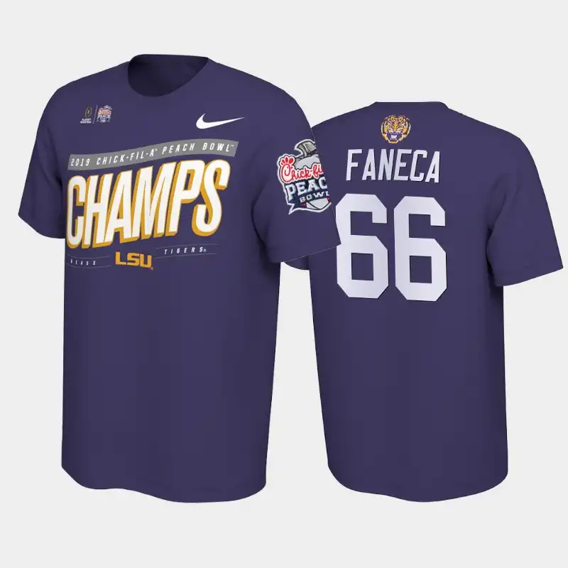 LSU Tigers #66 Alan Faneca Men's Purple NCAA Peach Bowl Champions Playoff 2019 Football T-Shirt 2409OPVK4