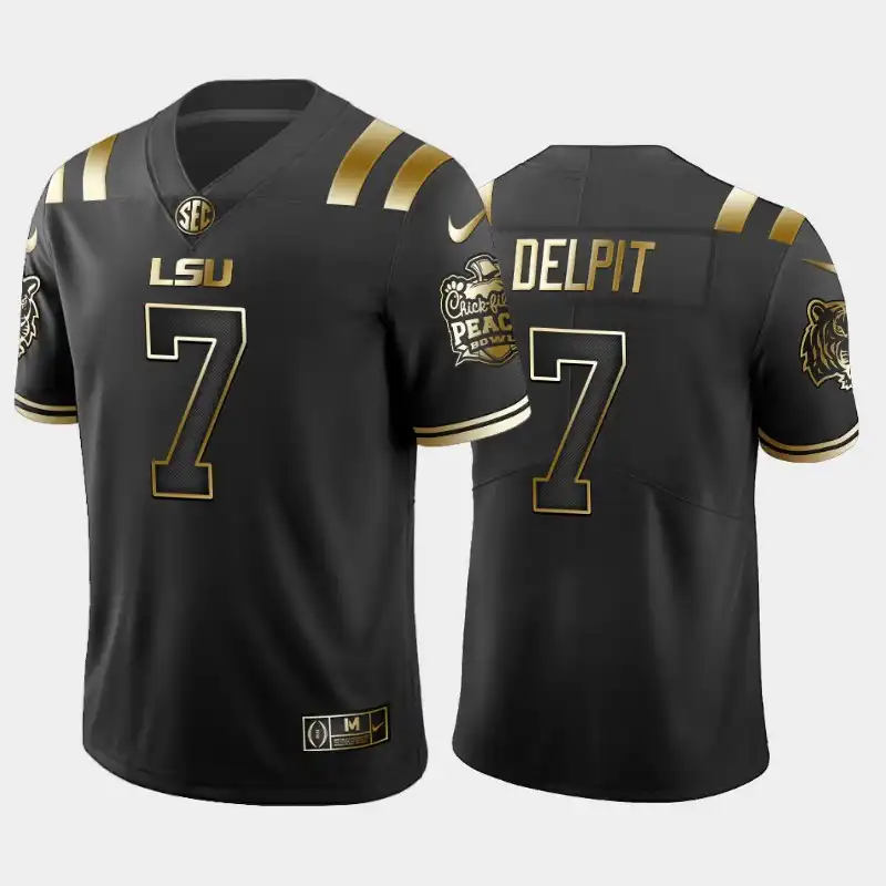 LSU Tigers #7 Grant Delpit Men's Black Peach Bowl Champions NCAA Golden Edition 2019-20 Football Jersey 2409GMNC2