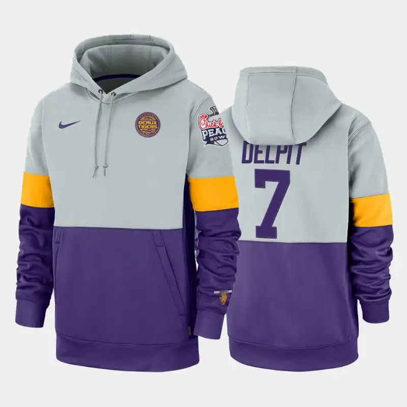 LSU Tigers #7 Grant Delpit Men's Gray Rivalry Therma Performance NCAA 2019-20 Purple Football Peach Bowl Champions Hoodie 2409ZFZL7