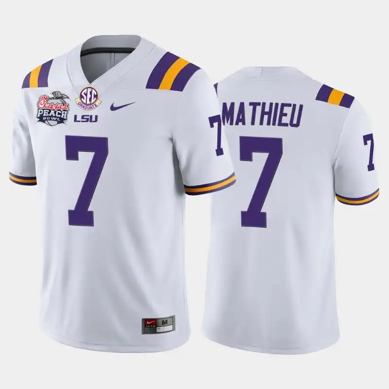 LSU Tigers #7 Tyrann Mathieu Men's White Peach Bowl Champions NCAA Home 2019-20 Football Jersey 2409WGAW3