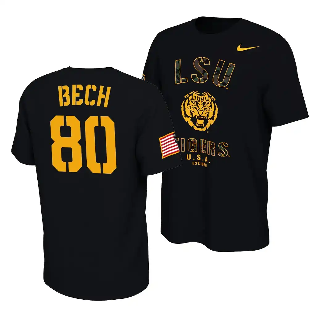 LSU Tigers #80 Jack Bech Men's Veterans Day NCAA Black 2021 America Flag Football T-Shirt 2409TGNZ0