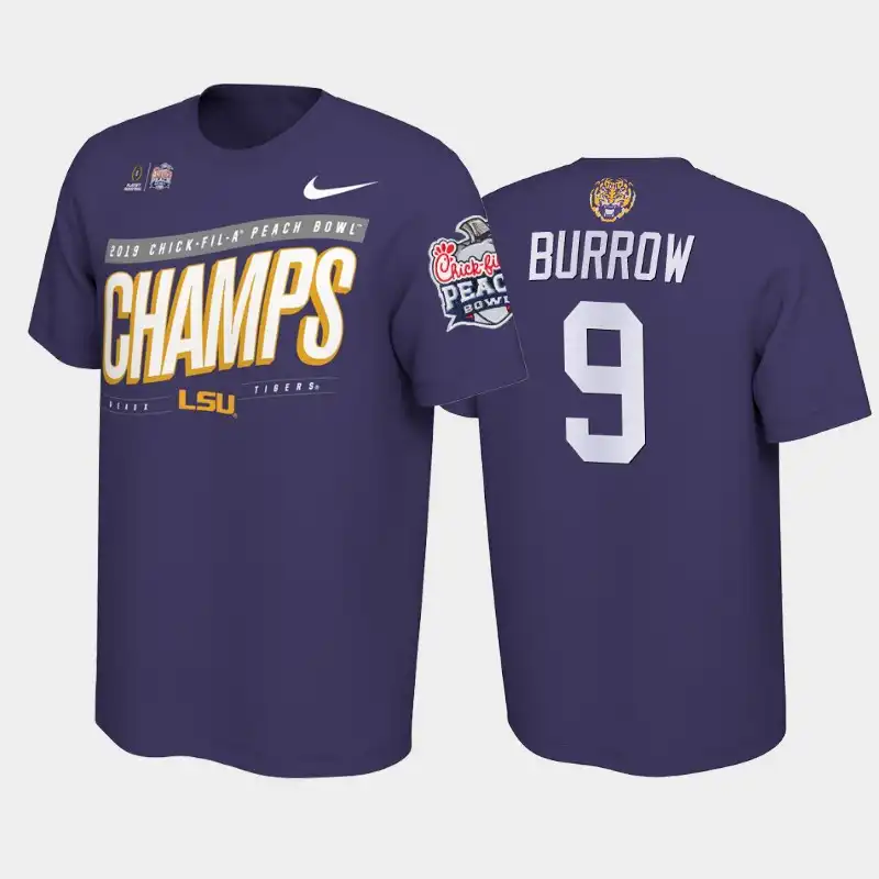 LSU Tigers #9 Joe Burrow Men's Purple NCAA Peach Bowl Champions Playoff 2019 Football T-Shirt 2409YQTC3