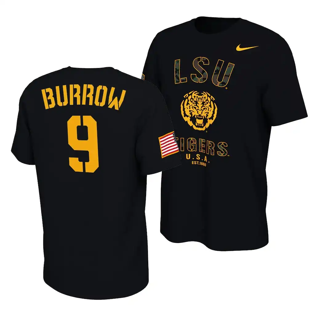 LSU Tigers #9 Joe Burrow Men's Veterans Day NCAA Black 2021 America Flag Football T-Shirt 2409NGHF0