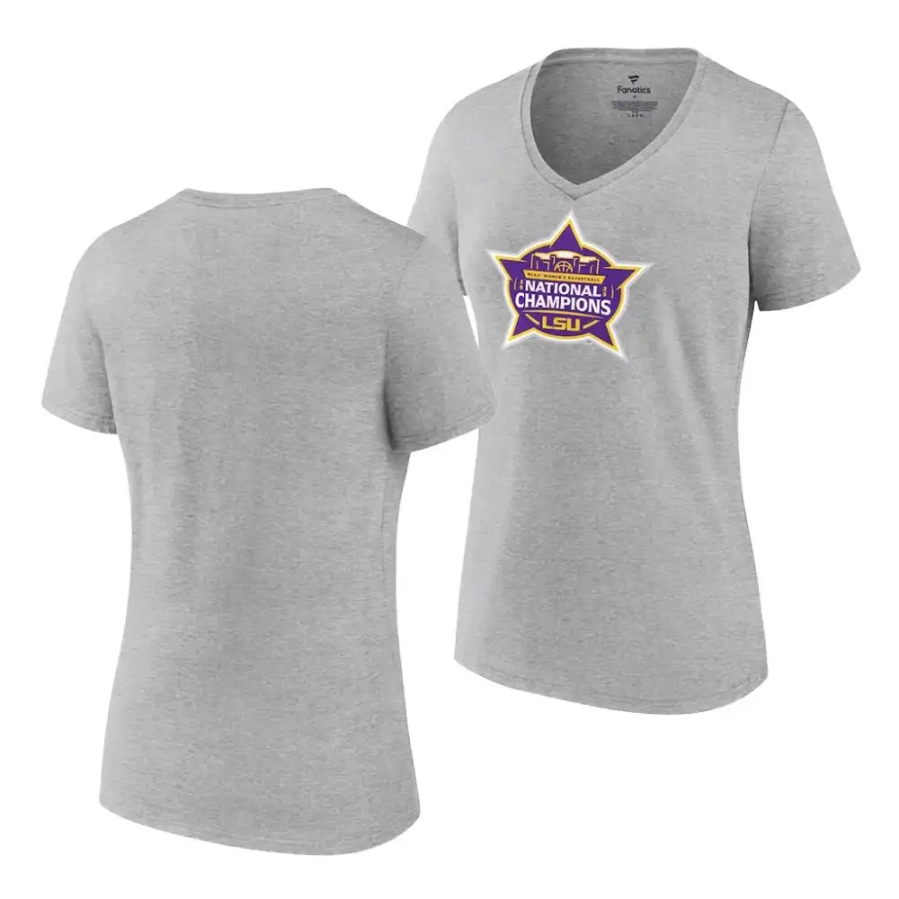 LSU Tigers Women's 2023 V-Neck NCAA Gray National Champions Basketball T-Shirt 2409GRFI7