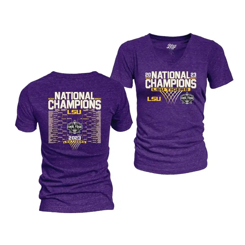 LSU Tigers Women's 2023 V-Neck NCAA Purple National Champions Basketball Focus Bracket T-Shirt 2409ZROJ3