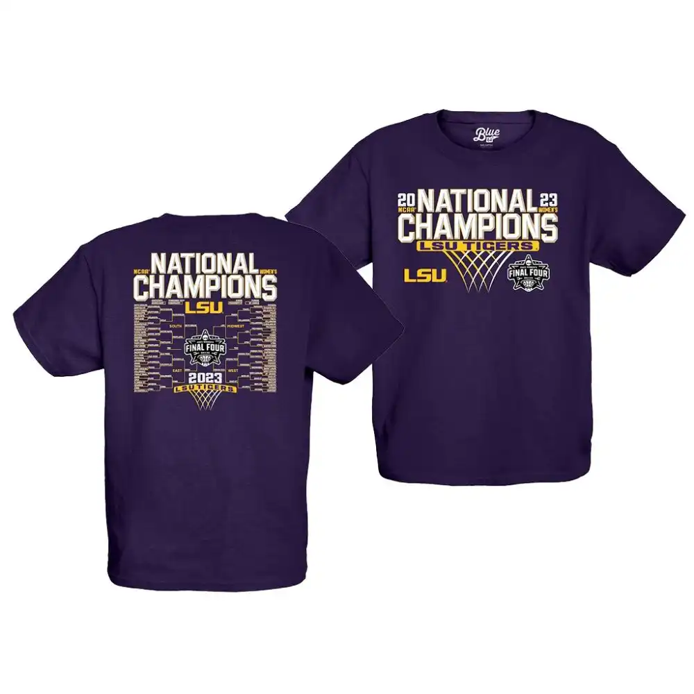 LSU Tigers Youth 2023 Focus Bracket NCAA Purple National Champions Basketball T-Shirt 2409NNXN8